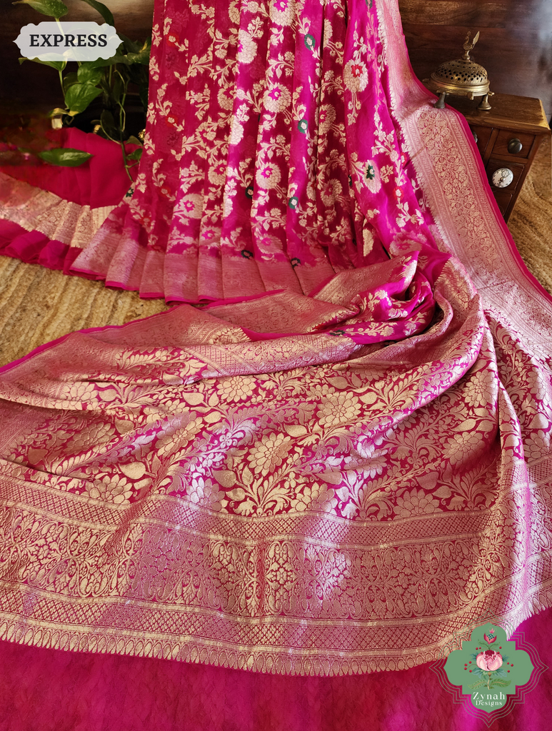 Zynah Hot Pink Pure Khaddi Georgette Banarasi Saree With Meena Work & Zari Woven Border & Pallu; Custom Stitched/Ready-made Blouse, Fall, Petticoat; SKU: 1806202502