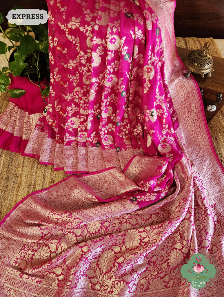 Zynah Hot Pink Pure Khaddi Georgette Banarasi Saree With Meena Work & Zari Woven Border & Pallu; Custom Stitched/Ready-made Blouse, Fall, Petticoat; SKU: 1806202502