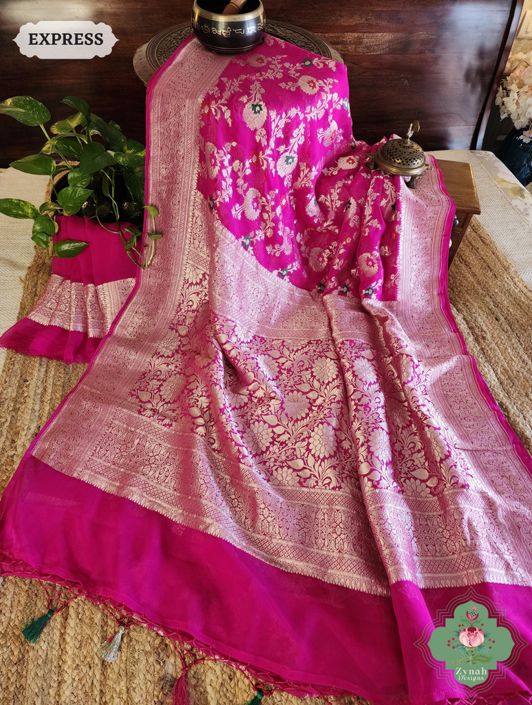 Zynah Hot Pink Pure Khaddi Georgette Banarasi Saree With Meena Work & Zari Woven Border & Pallu; Custom Stitched/Ready-made Blouse, Fall, Petticoat; SKU: 1806202502