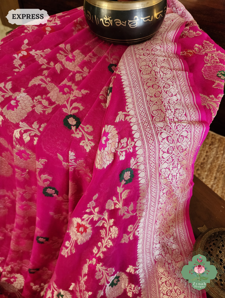 Zynah Hot Pink Pure Khaddi Georgette Banarasi Saree With Meena Work & Zari Woven Border & Pallu; Custom Stitched/Ready-made Blouse, Fall, Petticoat; SKU: 1806202502