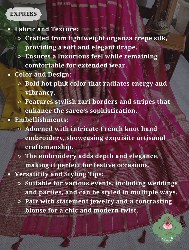 Hot Pink Organza Crepe Silk Saree With Zari Borders & Stripes & French Knot Hand Embroidery 2