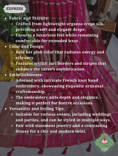 Hot Pink Organza Crepe Silk Saree With Zari Borders & Stripes & French Knot Hand Embroidery 2 Hot Pink Organza Crepe Silk Saree With Zari Borders & Stripes & French Knot Hand Embroidery 2