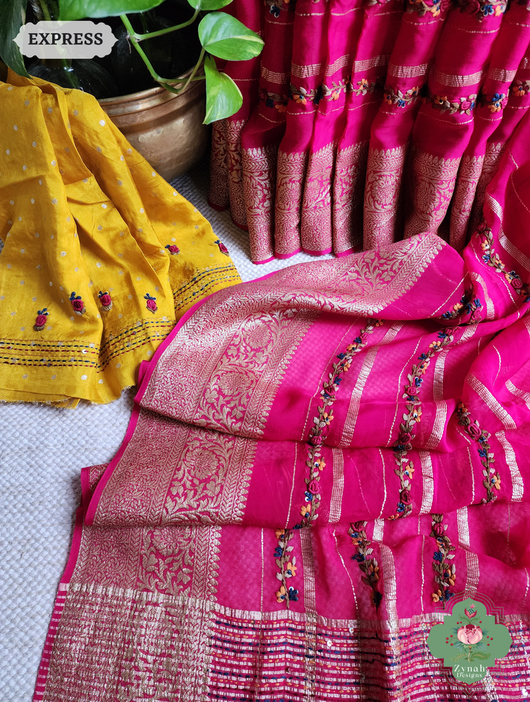 Hot Pink Organza Crepe Silk Saree With Zari Borders & Stripes & French Knot Hand Embroidery 3