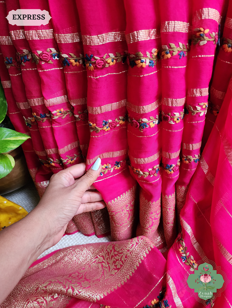 Hot Pink Organza Crepe Silk Saree With Zari Borders & Stripes & French Knot Hand Embroidery 4