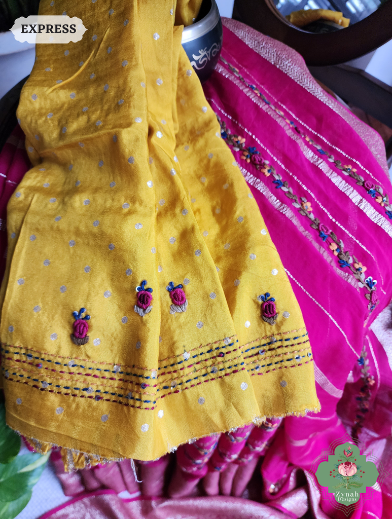 Hot Pink Organza Crepe Silk Saree With Zari Borders & Stripes & French Knot Hand Embroidery 5