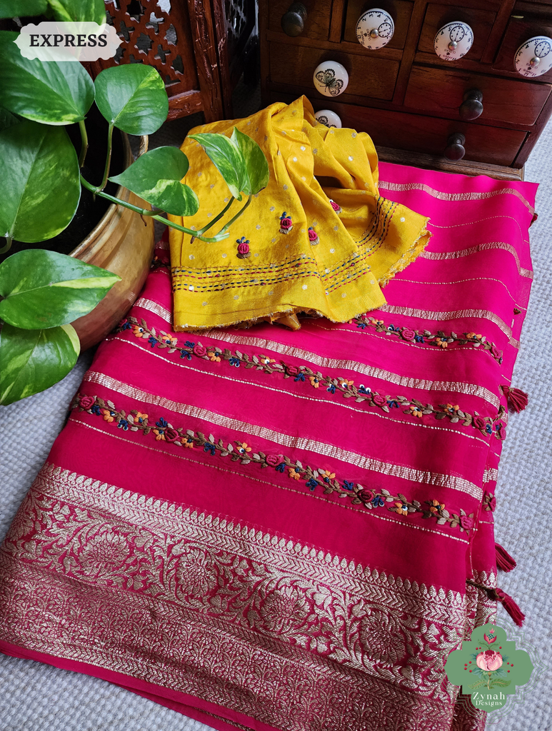 Hot Pink Organza Crepe Silk Saree With Zari Borders & Stripes & French Knot Hand Embroidery 7