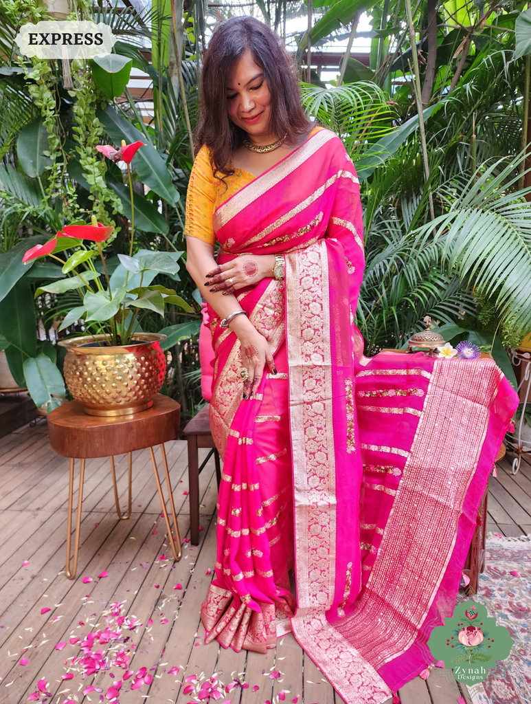 Hot Pink Organza Crepe Silk Saree With Zari Borders & Stripes & French Knot Hand Embroidery 3