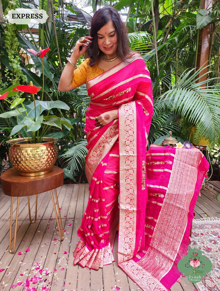 Hot Pink Organza Crepe Silk Saree With Zari Borders & Stripes & French Knot Hand Embroidery 4
