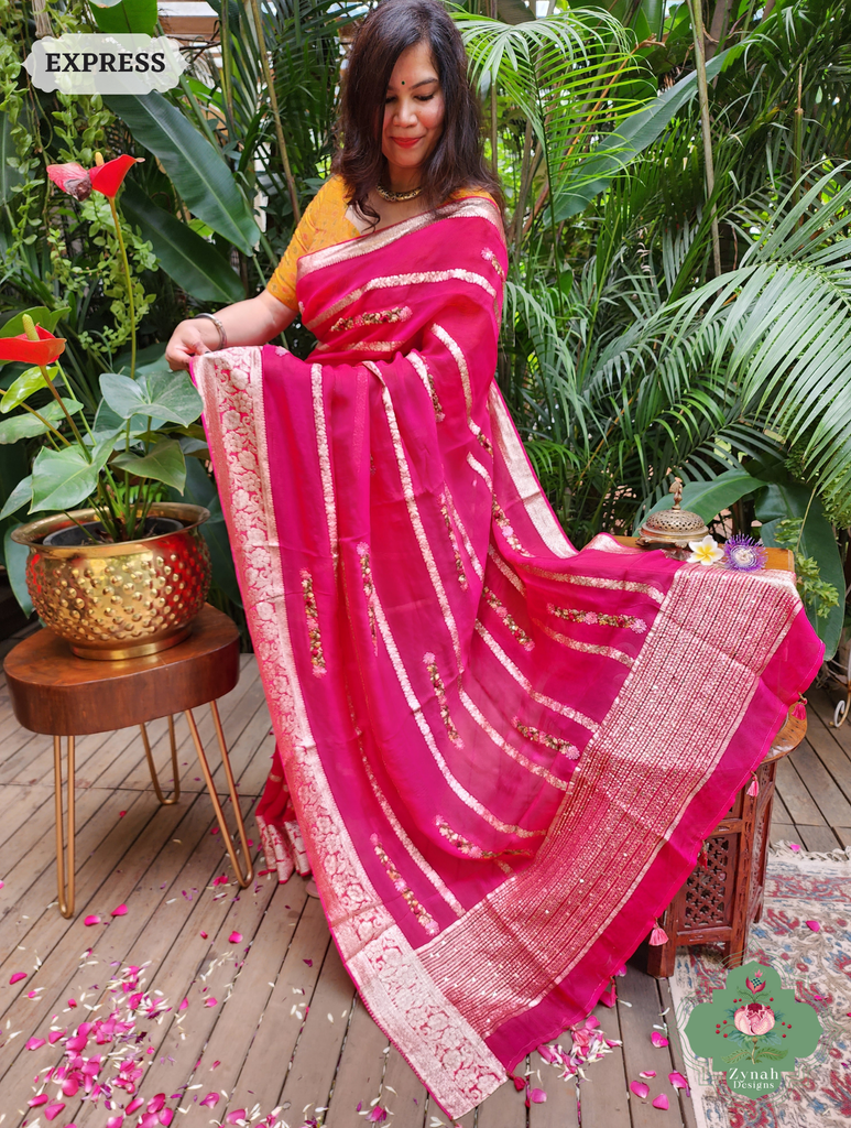 Hot Pink Organza Crepe Silk Saree With Zari Borders & Stripes & French Knot Hand Embroidery 5