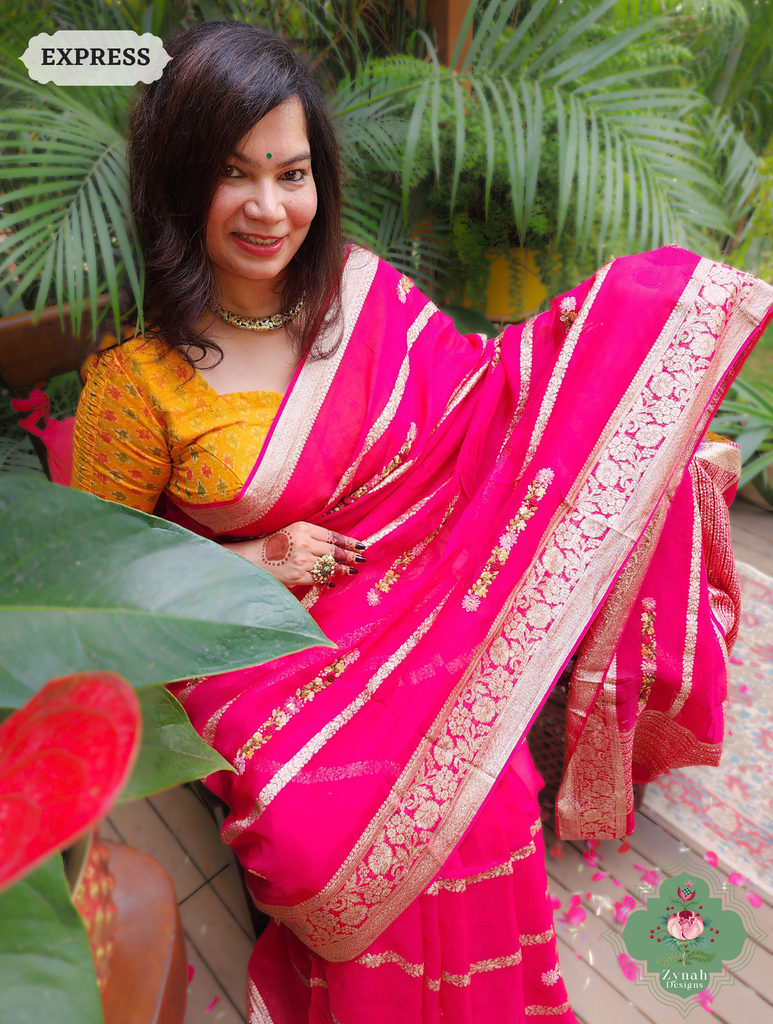 Hot Pink Organza Crepe Silk Saree With Zari Borders & Stripes & French Knot Hand Embroidery 6