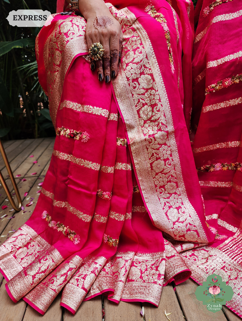Hot Pink Organza Crepe Silk Saree With Zari Borders & Stripes & French Knot Hand Embroidery 7