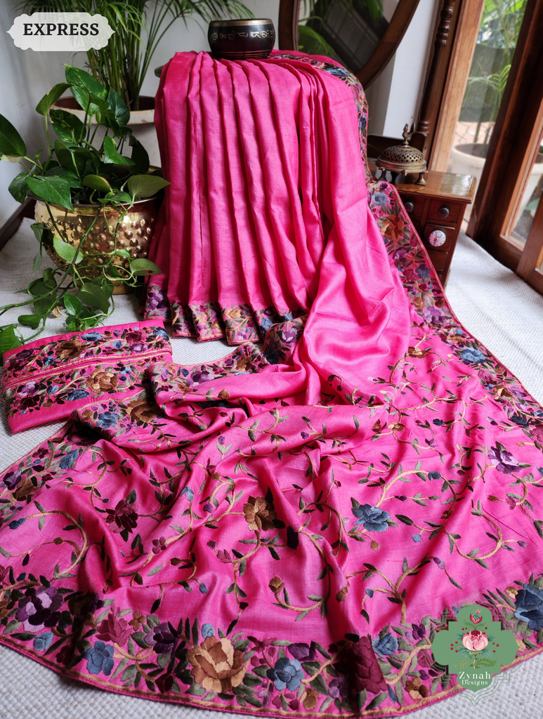 Zynah Made To Order Hot Pink Pure Tussar Silk Hand Embroidered (Jaal Pallu) Authentic Parsi Gara Saree; Custom Stitched/Ready-made Blouse, Fall, Petticoat; SKU: 2312202404