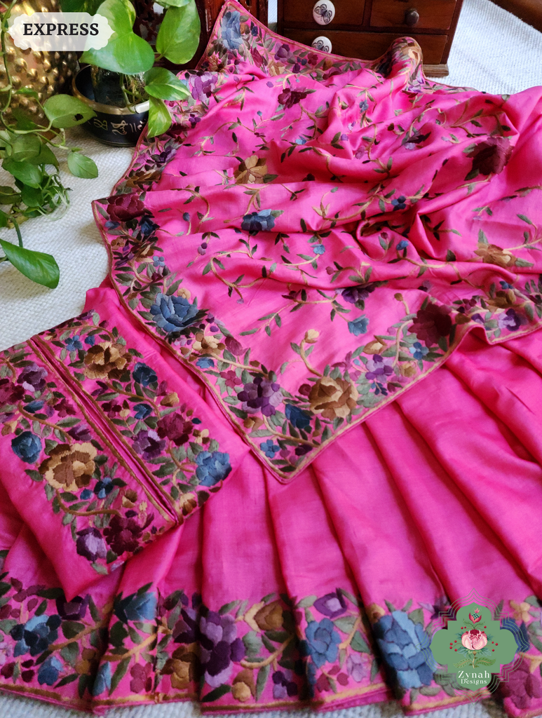 Zynah Made To Order Hot Pink Pure Tussar Silk Hand Embroidered (Jaal Pallu) Authentic Parsi Gara Saree; Custom Stitched/Ready-made Blouse, Fall, Petticoat; SKU: 2312202404