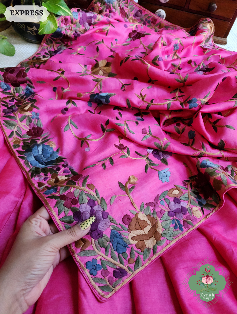 Zynah Made To Order Hot Pink Pure Tussar Silk Hand Embroidered (Jaal Pallu) Authentic Parsi Gara Saree; Custom Stitched/Ready-made Blouse, Fall, Petticoat; SKU: 2312202404