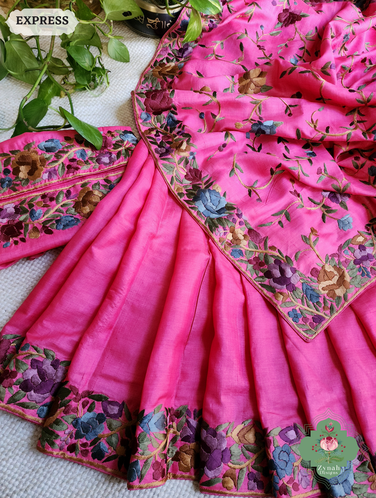 Zynah Made To Order Hot Pink Pure Tussar Silk Hand Embroidered (Jaal Pallu) Authentic Parsi Gara Saree; Custom Stitched/Ready-made Blouse, Fall, Petticoat; SKU: 2312202404