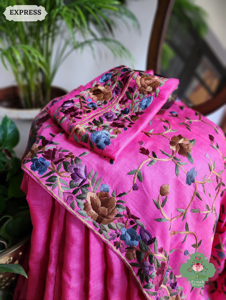 Zynah Made To Order Hot Pink Pure Tussar Silk Hand Embroidered (Jaal Pallu) Authentic Parsi Gara Saree; Custom Stitched/Ready-made Blouse, Fall, Petticoat; SKU: 2312202404