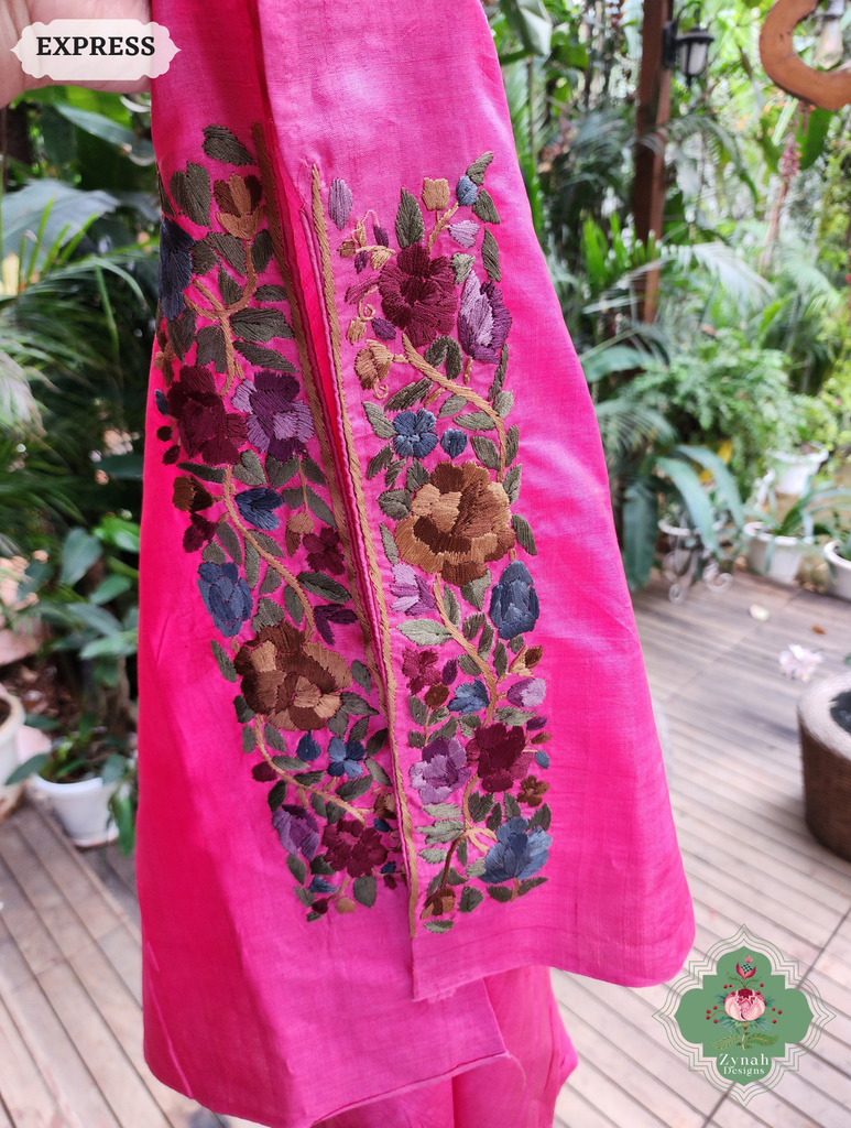 Zynah Made To Order Hot Pink Pure Tussar Silk Hand Embroidered (Jaal Pallu) Authentic Parsi Gara Saree; Custom Stitched/Ready-made Blouse, Fall, Petticoat; SKU: 2312202404