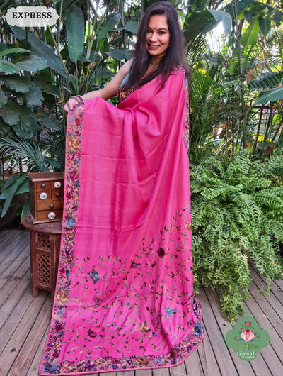 Zynah Made To Order Hot Pink Pure Tussar Silk Hand Embroidered (Jaal Pallu) Authentic Parsi Gara Saree; Custom Stitched/Ready-made Blouse, Fall, Petticoat; SKU: 2312202404