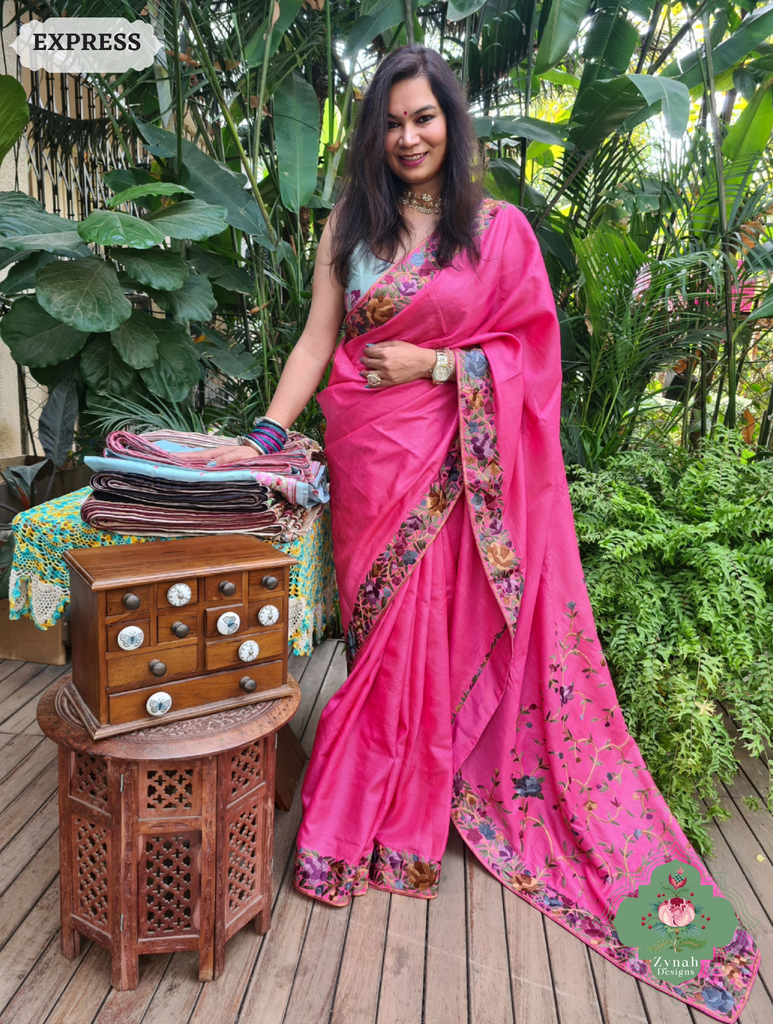 Zynah Made To Order Hot Pink Pure Tussar Silk Hand Embroidered (Jaal Pallu) Authentic Parsi Gara Saree; Custom Stitched/Ready-made Blouse, Fall, Petticoat; SKU: 2312202404