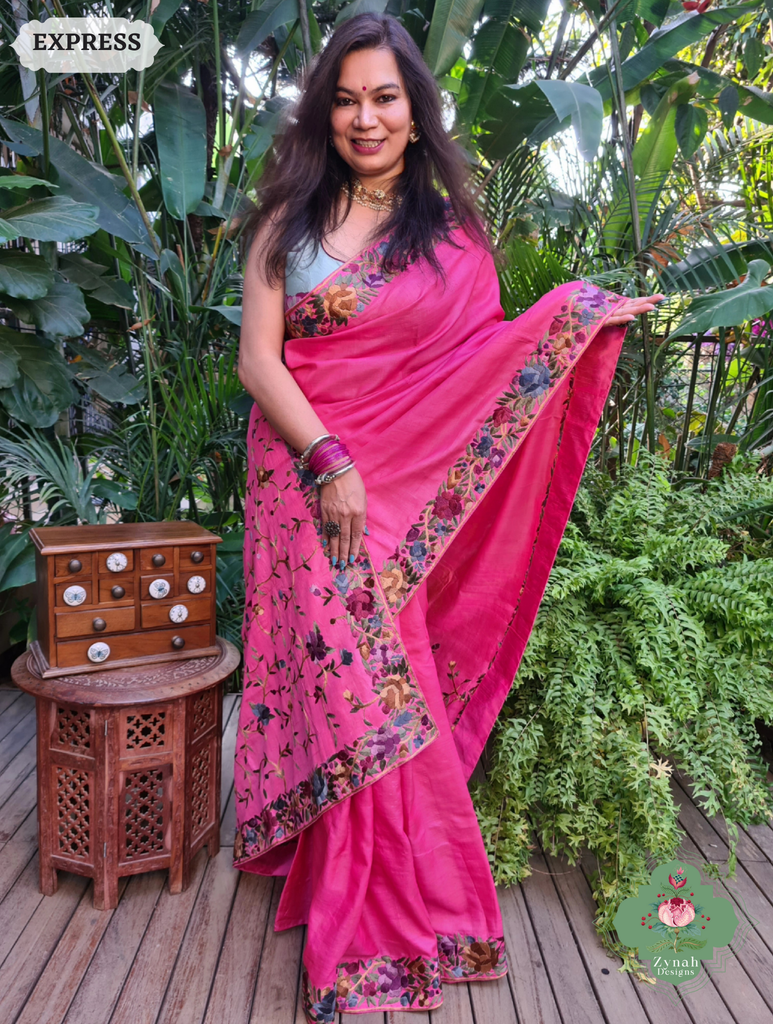 Zynah Made To Order Hot Pink Pure Tussar Silk Hand Embroidered (Jaal Pallu) Authentic Parsi Gara Saree; Custom Stitched/Ready-made Blouse, Fall, Petticoat; SKU: 2312202404