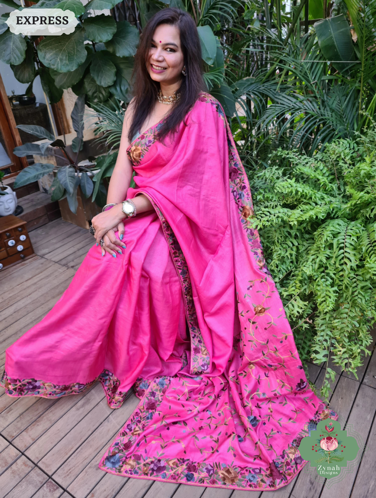 Zynah Made To Order Hot Pink Pure Tussar Silk Hand Embroidered (Jaal Pallu) Authentic Parsi Gara Saree; Custom Stitched/Ready-made Blouse, Fall, Petticoat; SKU: 2312202404