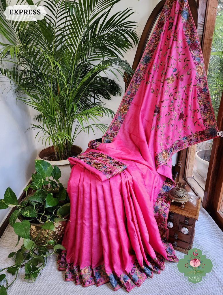 Zynah Made To Order Hot Pink Pure Tussar Silk Hand Embroidered (Jaal Pallu) Authentic Parsi Gara Saree; Custom Stitched/Ready-made Blouse, Fall, Petticoat; SKU: 2312202404