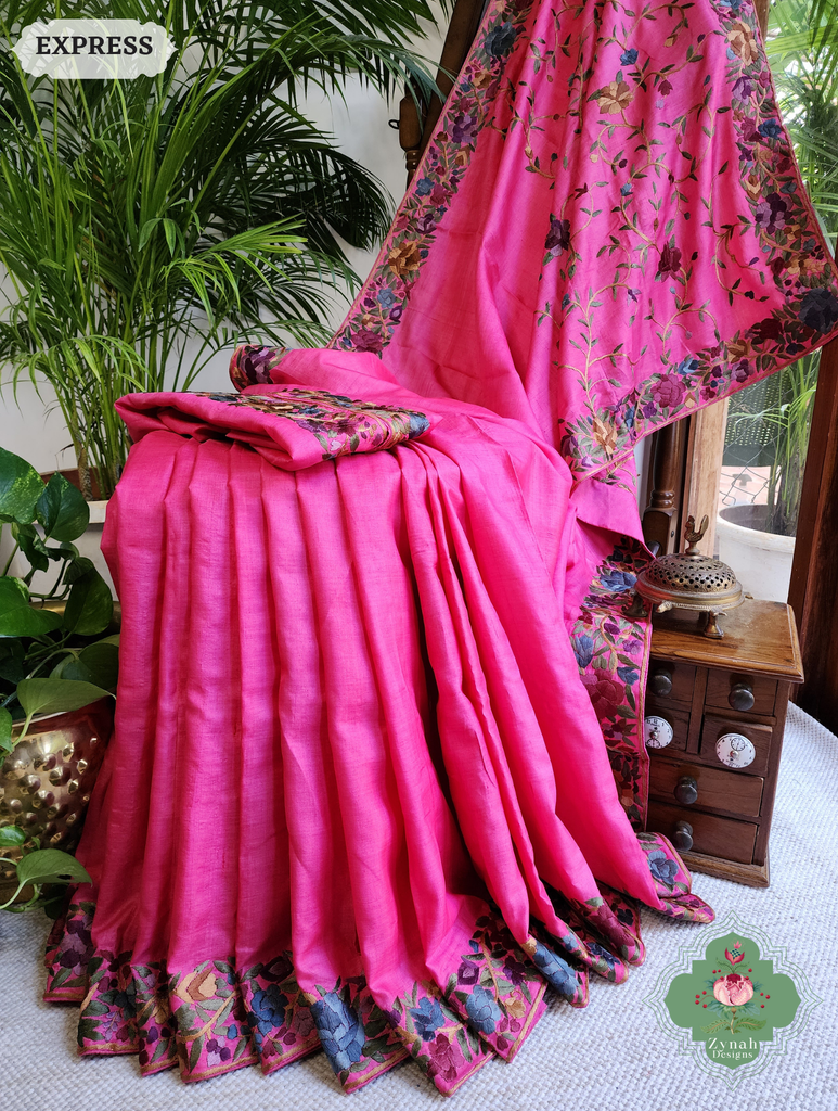Zynah Made To Order Hot Pink Pure Tussar Silk Hand Embroidered (Jaal Pallu) Authentic Parsi Gara Saree; Custom Stitched/Ready-made Blouse, Fall, Petticoat; SKU: 2312202404