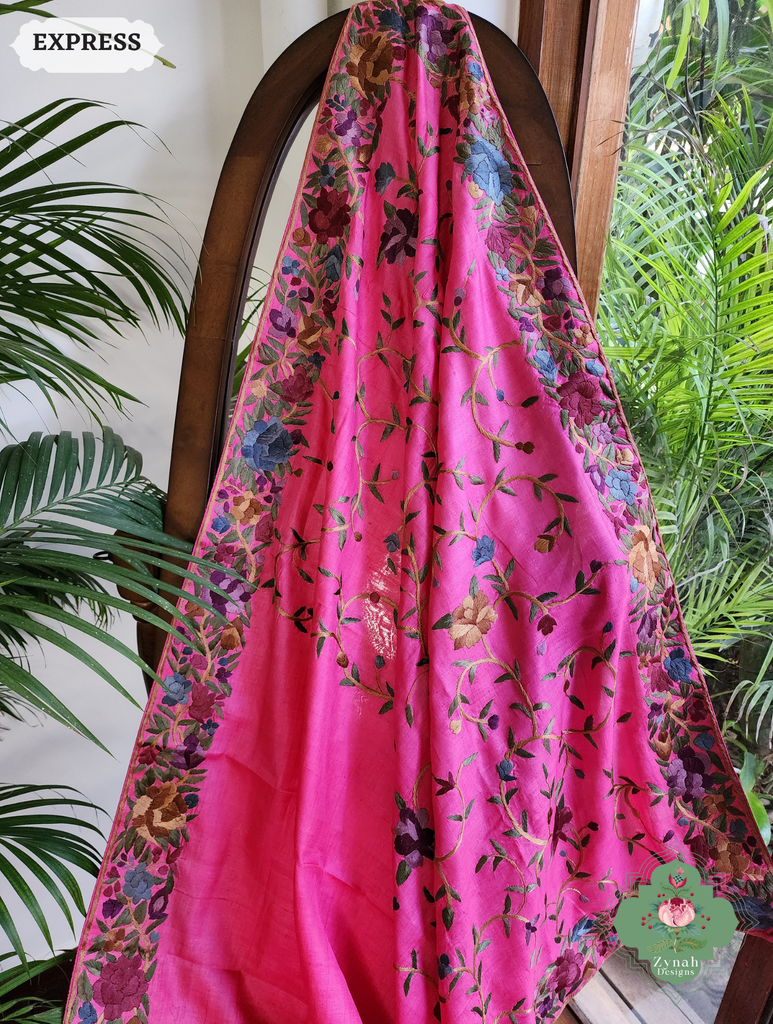 Zynah Made To Order Hot Pink Pure Tussar Silk Hand Embroidered (Jaal Pallu) Authentic Parsi Gara Saree; Custom Stitched/Ready-made Blouse, Fall, Petticoat; SKU: 2312202404