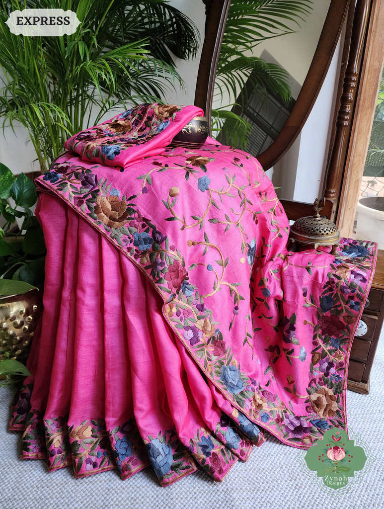 Zynah Made To Order Hot Pink Pure Tussar Silk Hand Embroidered (Jaal Pallu) Authentic Parsi Gara Saree; Custom Stitched/Ready-made Blouse, Fall, Petticoat; SKU: 2312202404