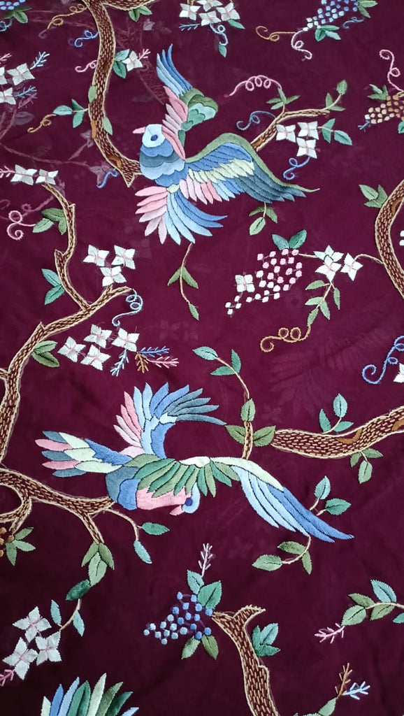 Zynah Wine Pure Georgette Silk Parsi Gara Saree With All Over Jaal Parsi Embroidery; Custom Stitched/Ready-made Blouse, Fall, Petticoat; SKU: 0606202301
