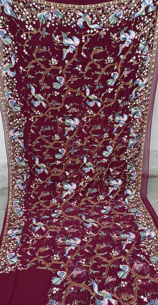 Zynah Wine Pure Georgette Silk Parsi Gara Saree With All Over Jaal Parsi Embroidery; Custom Stitched/Ready-made Blouse, Fall, Petticoat; SKU: 0606202301