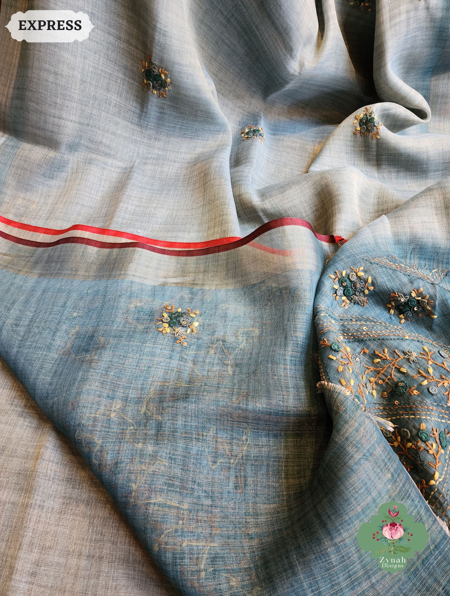 Zynah Ice Blue Linen Tissue Saree Adorned With French-knot & Kantha Hand Embroidery; Custom Stitched/Ready-made Blouse, Fall, Petticoat; SKU: 1903202503