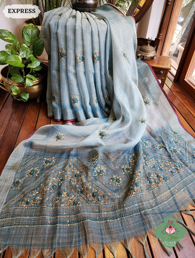 Zynah Ice Blue Linen Tissue Saree Adorned With French-knot & Kantha Hand Embroidery; Custom Stitched/Ready-made Blouse, Fall, Petticoat; SKU: 1903202503