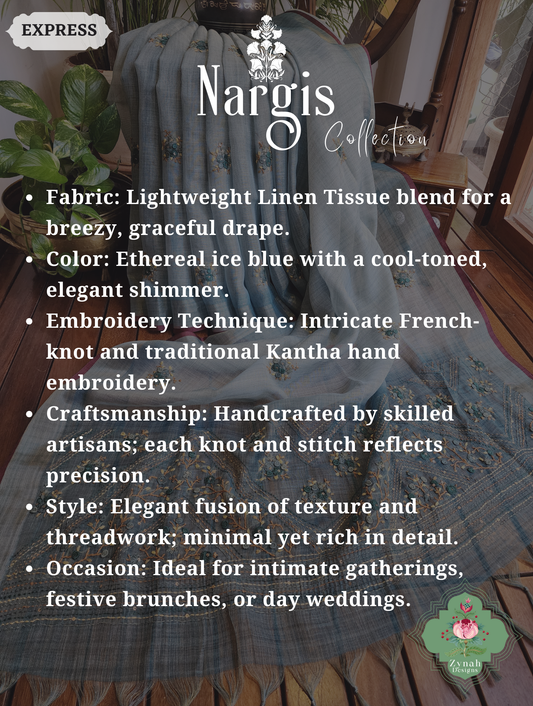 Zynah Ice Blue Linen Tissue Saree Adorned With French-knot & Kantha Hand Embroidery; Custom Stitched/Ready-made Blouse, Fall, Petticoat; SKU: 1903202503