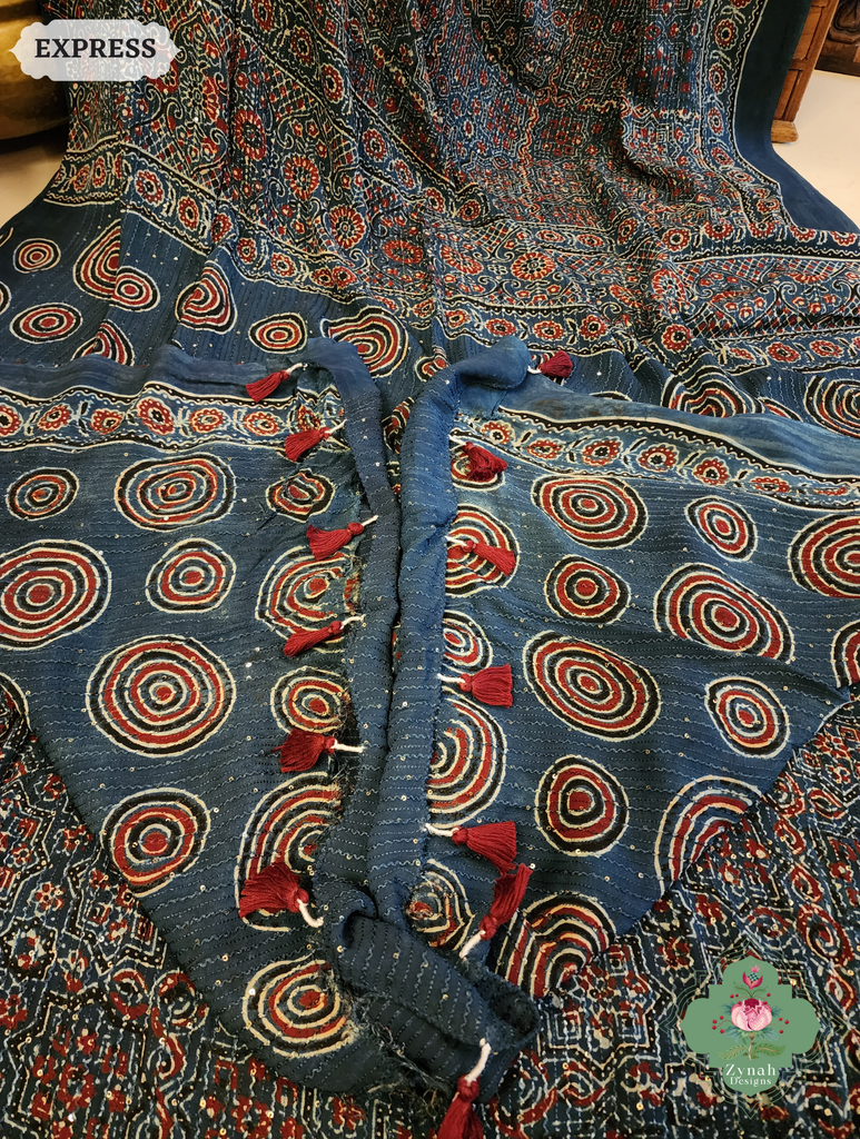 Zynah Indigo Hand-Block Printed Georgette Silk Ajrakh Saree with Sequins Highlight; Custom Stitched/Ready-made Blouse, Fall, Petticoat; SKU: 1004202507