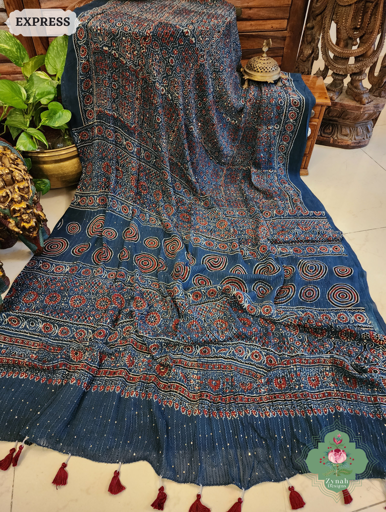 Zynah Indigo Hand-Block Printed Georgette Silk Ajrakh Saree with Sequins Highlight; Custom Stitched/Ready-made Blouse, Fall, Petticoat; SKU: 1004202507