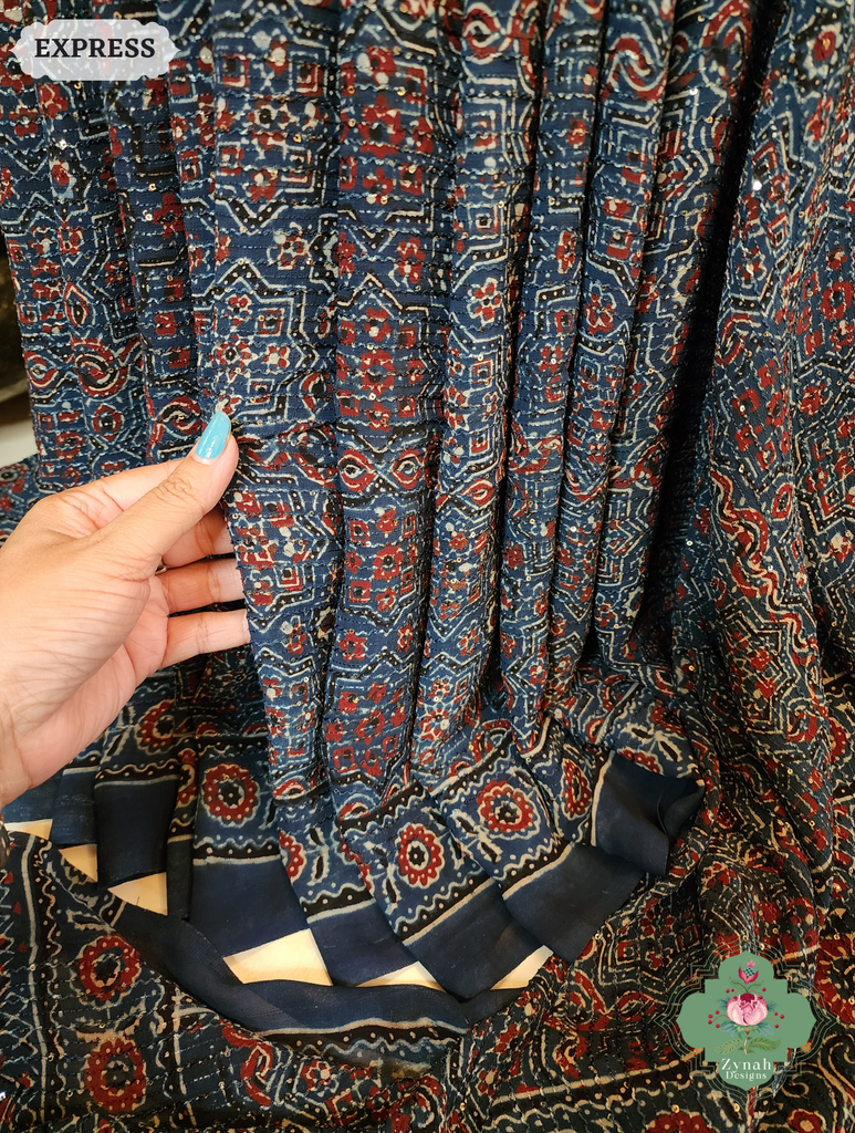 Zynah Indigo Hand-Block Printed Georgette Silk Ajrakh Saree with Sequins Highlight; Custom Stitched/Ready-made Blouse, Fall, Petticoat; SKU: 1004202507