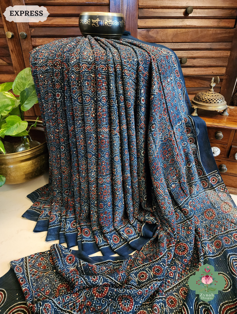 Zynah Indigo Hand-Block Printed Georgette Silk Ajrakh Saree with Sequins Highlight; Custom Stitched/Ready-made Blouse, Fall, Petticoat; SKU: 1004202507
