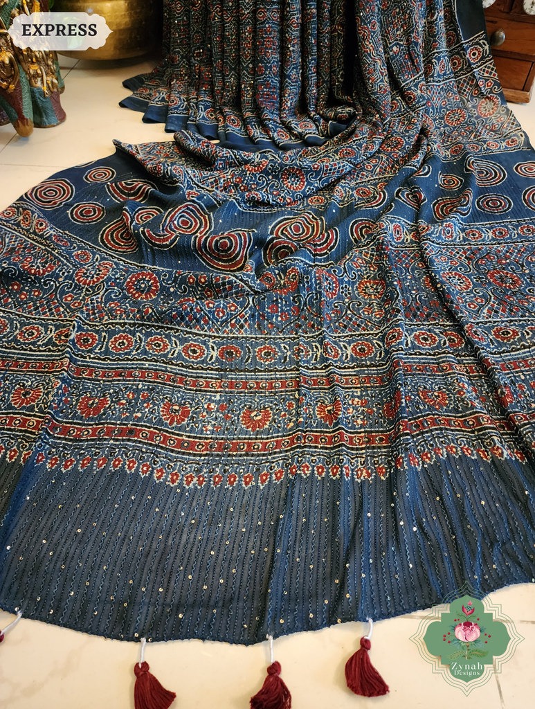 Zynah Indigo Hand-Block Printed Georgette Silk Ajrakh Saree with Sequins Highlight; Custom Stitched/Ready-made Blouse, Fall, Petticoat; SKU: 1004202507