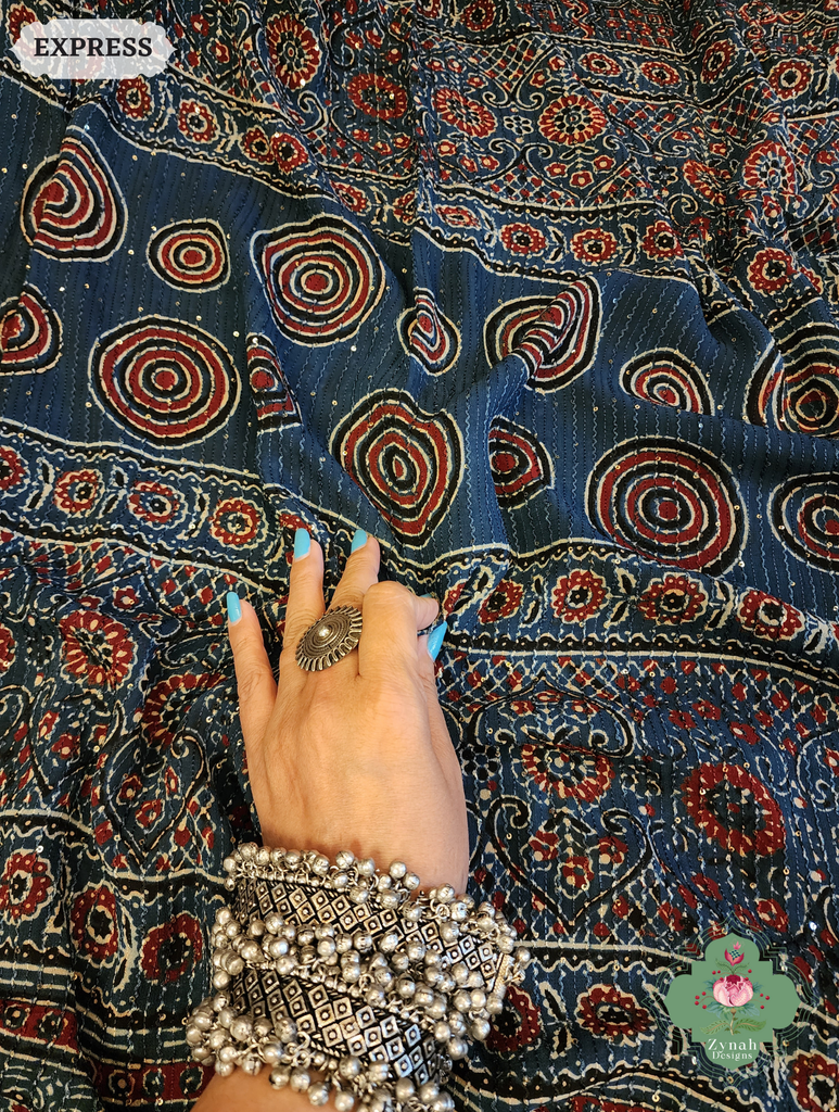 Zynah Indigo Hand-Block Printed Georgette Silk Ajrakh Saree with Sequins Highlight; Custom Stitched/Ready-made Blouse, Fall, Petticoat; SKU: 1004202507