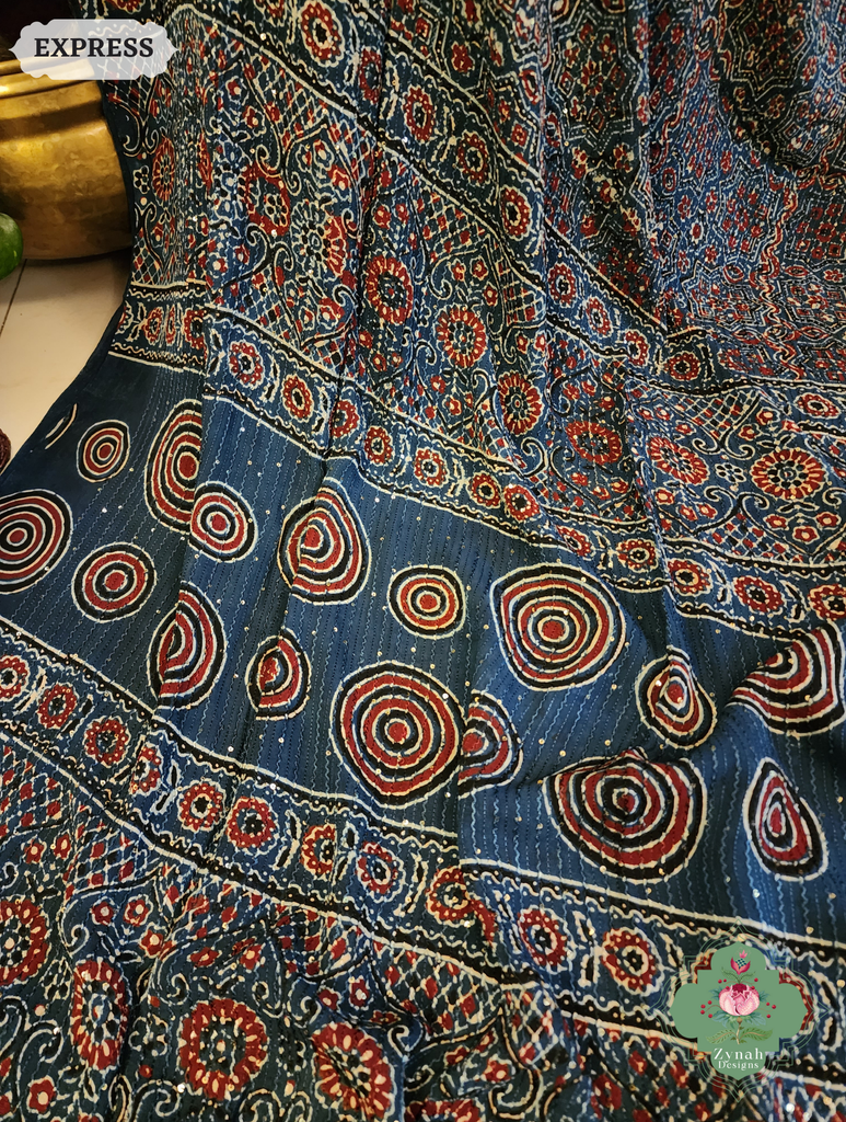 Zynah Indigo Hand-Block Printed Georgette Silk Ajrakh Saree with Sequins Highlight; Custom Stitched/Ready-made Blouse, Fall, Petticoat; SKU: 1004202507