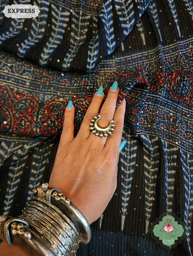Zynah Indigo Hand-Block Printed Georgette Silk Ajrakh Saree with Sequins Highlight; Custom Stitched/Ready-made Blouse, Fall, Petticoat; SKU: 1004202510