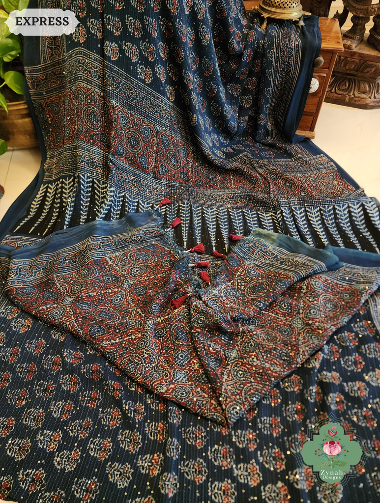 Zynah Indigo Hand-Block Printed Georgette Silk Ajrakh Saree with Sequins Highlight; Custom Stitched/Ready-made Blouse, Fall, Petticoat; SKU: 1004202510