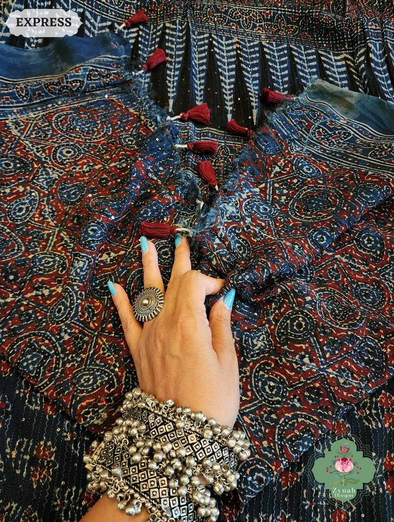Zynah Indigo Hand-Block Printed Georgette Silk Ajrakh Saree with Sequins Highlight; Custom Stitched/Ready-made Blouse, Fall, Petticoat; SKU: 1004202510