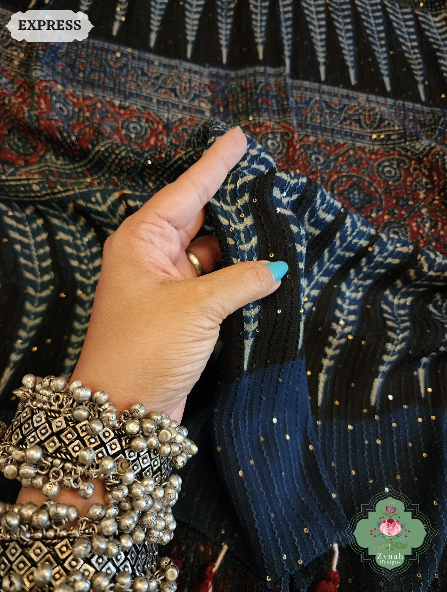 Zynah Indigo Hand-Block Printed Georgette Silk Ajrakh Saree with Sequins Highlight; Custom Stitched/Ready-made Blouse, Fall, Petticoat; SKU: 1004202510