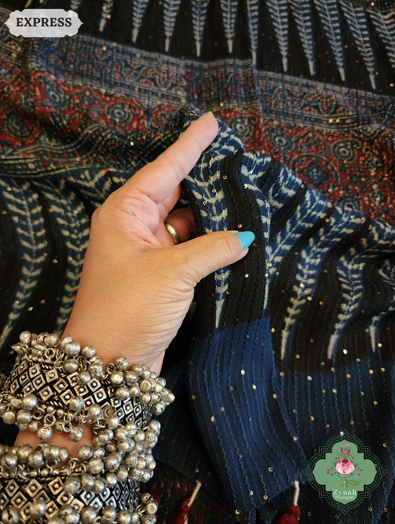 Zynah Indigo Hand-Block Printed Georgette Silk Ajrakh Saree with Sequins Highlight; Custom Stitched/Ready-made Blouse, Fall, Petticoat; SKU: 1004202510