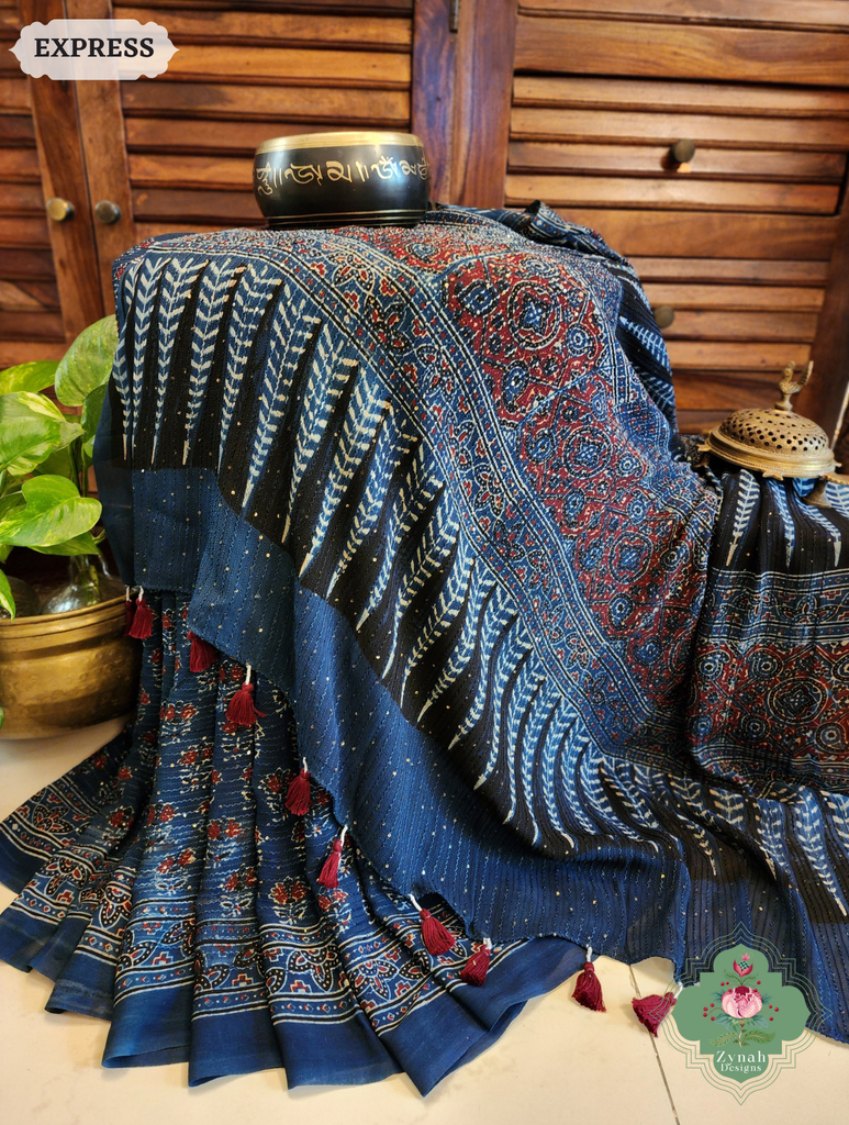 Zynah Indigo Hand-Block Printed Georgette Silk Ajrakh Saree with Sequins Highlight; Custom Stitched/Ready-made Blouse, Fall, Petticoat; SKU: 1004202510