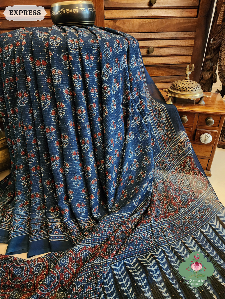 Zynah Indigo Hand-Block Printed Georgette Silk Ajrakh Saree with Sequins Highlight; Custom Stitched/Ready-made Blouse, Fall, Petticoat; SKU: 1004202510