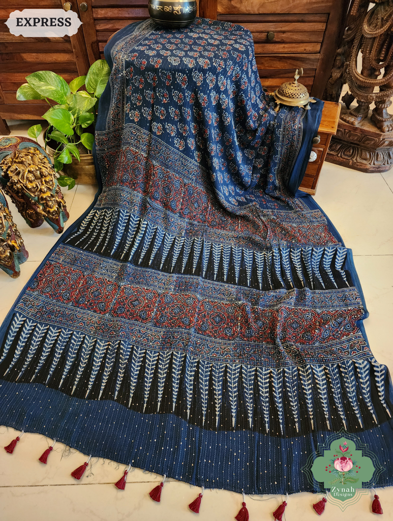 Zynah Indigo Hand-Block Printed Georgette Silk Ajrakh Saree with Sequins Highlight; Custom Stitched/Ready-made Blouse, Fall, Petticoat; SKU: 1004202510