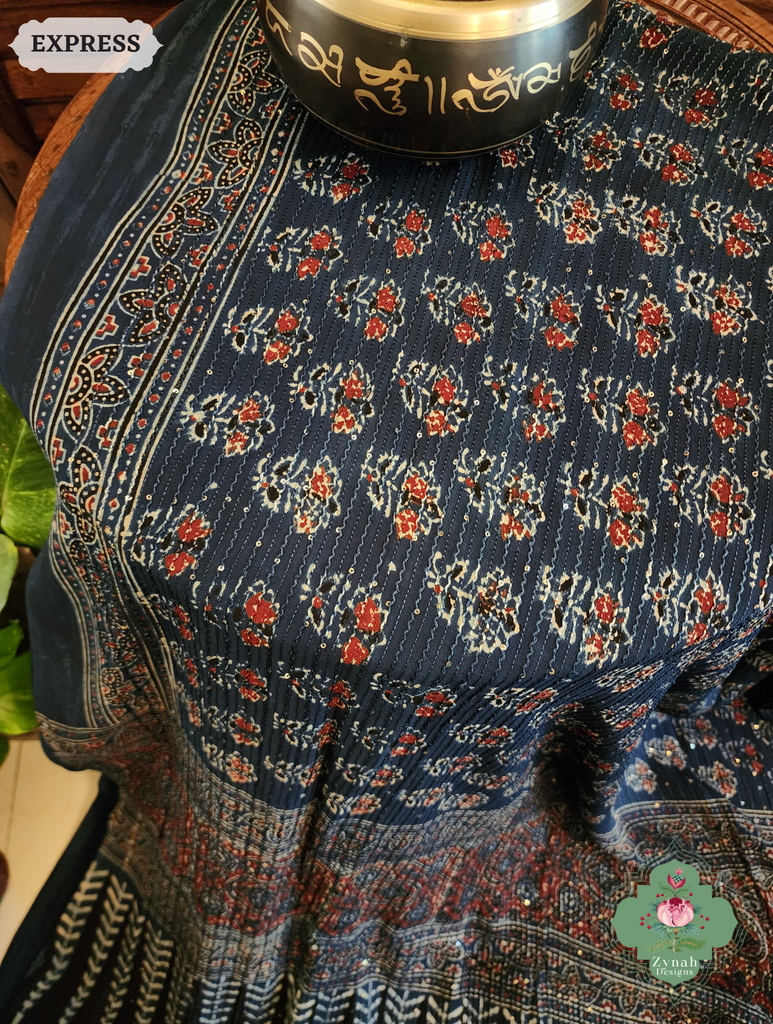 Zynah Indigo Hand-Block Printed Georgette Silk Ajrakh Saree with Sequins Highlight; Custom Stitched/Ready-made Blouse, Fall, Petticoat; SKU: 1004202510
